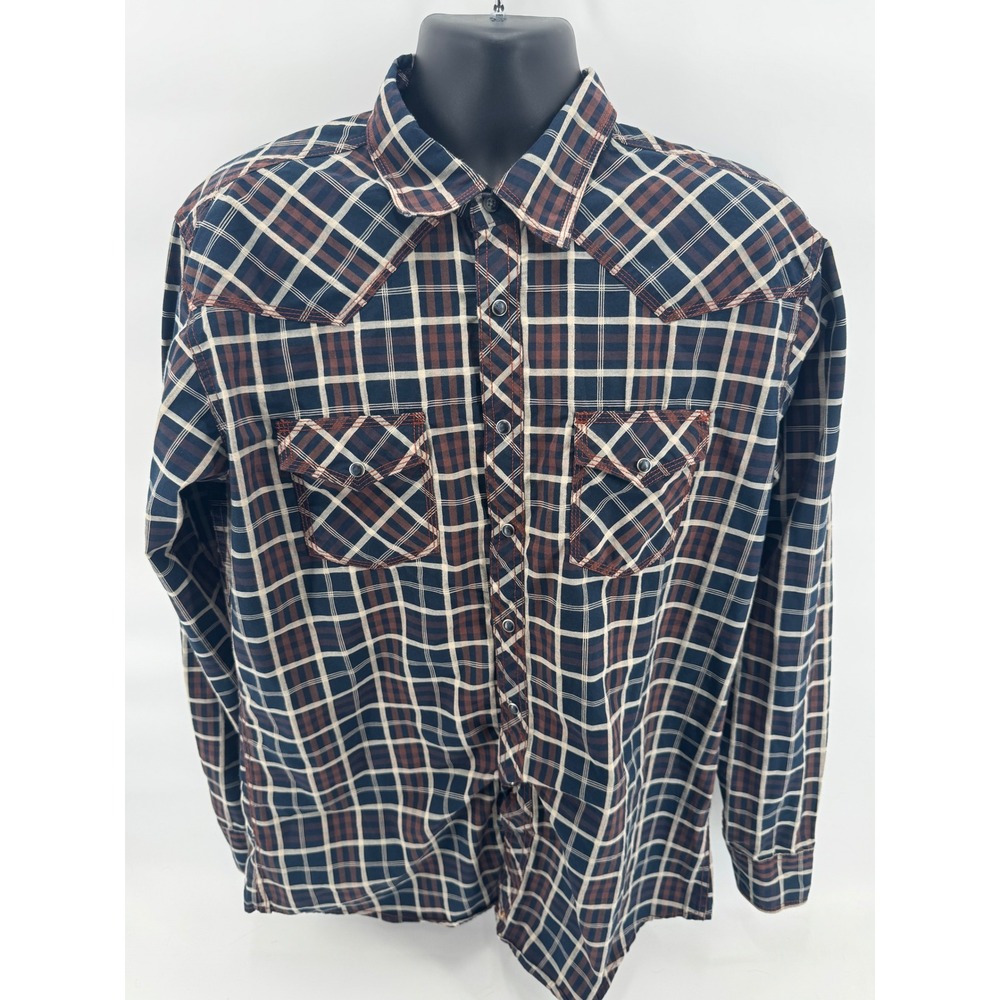 Wrangler 20X Plaid Western Shirt XLT Long Sleeve Brown Blue Cowboy Rodeo snap - Picture 2 of 5